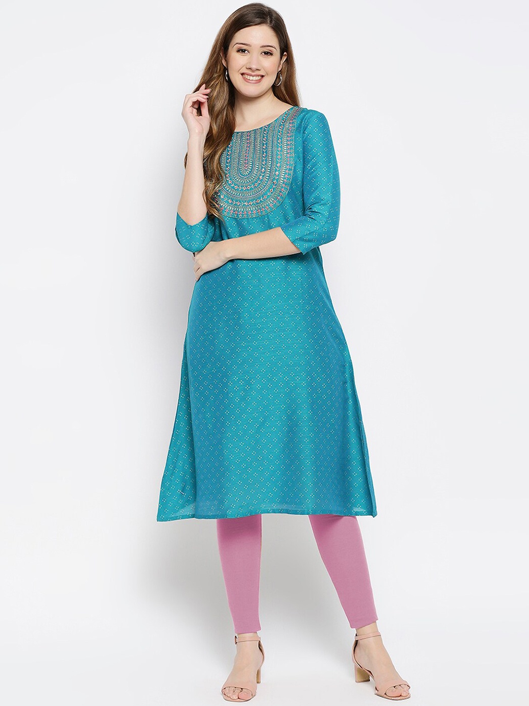 

Ethnicity Women Turquoise Blue Embroidered A-Line Kurta