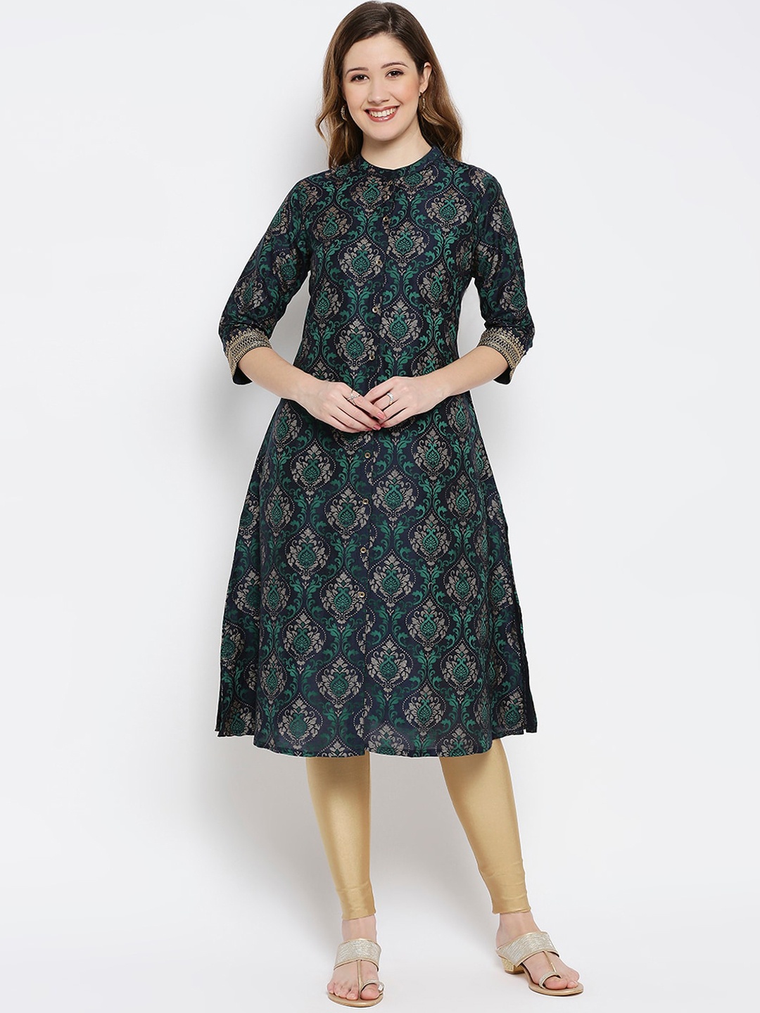 

Ethnicity Women Navy Blue & Green Ethnic Motifs Kurta