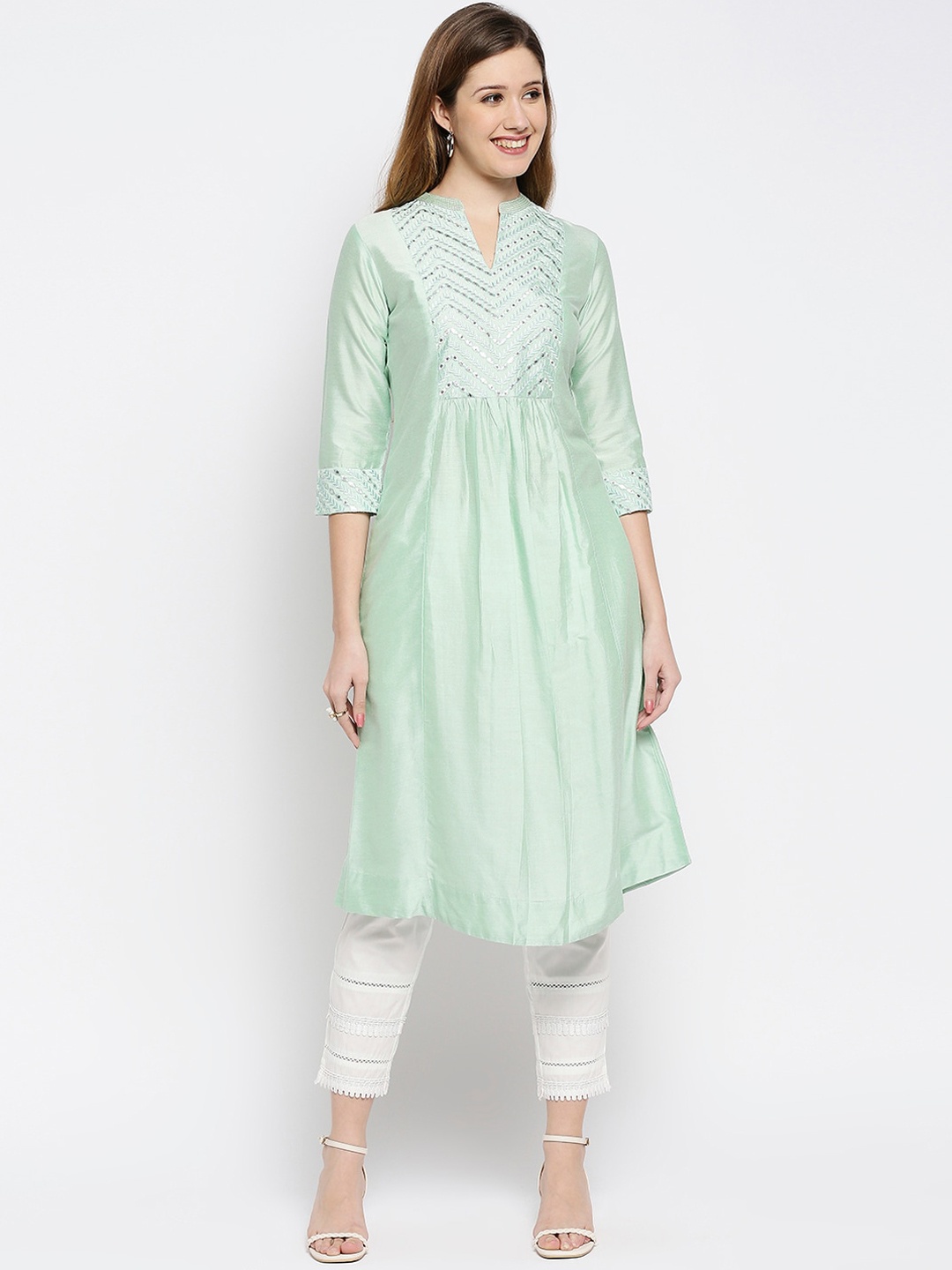 

Ethnicity Women Green Embroidered Yoke Kurta