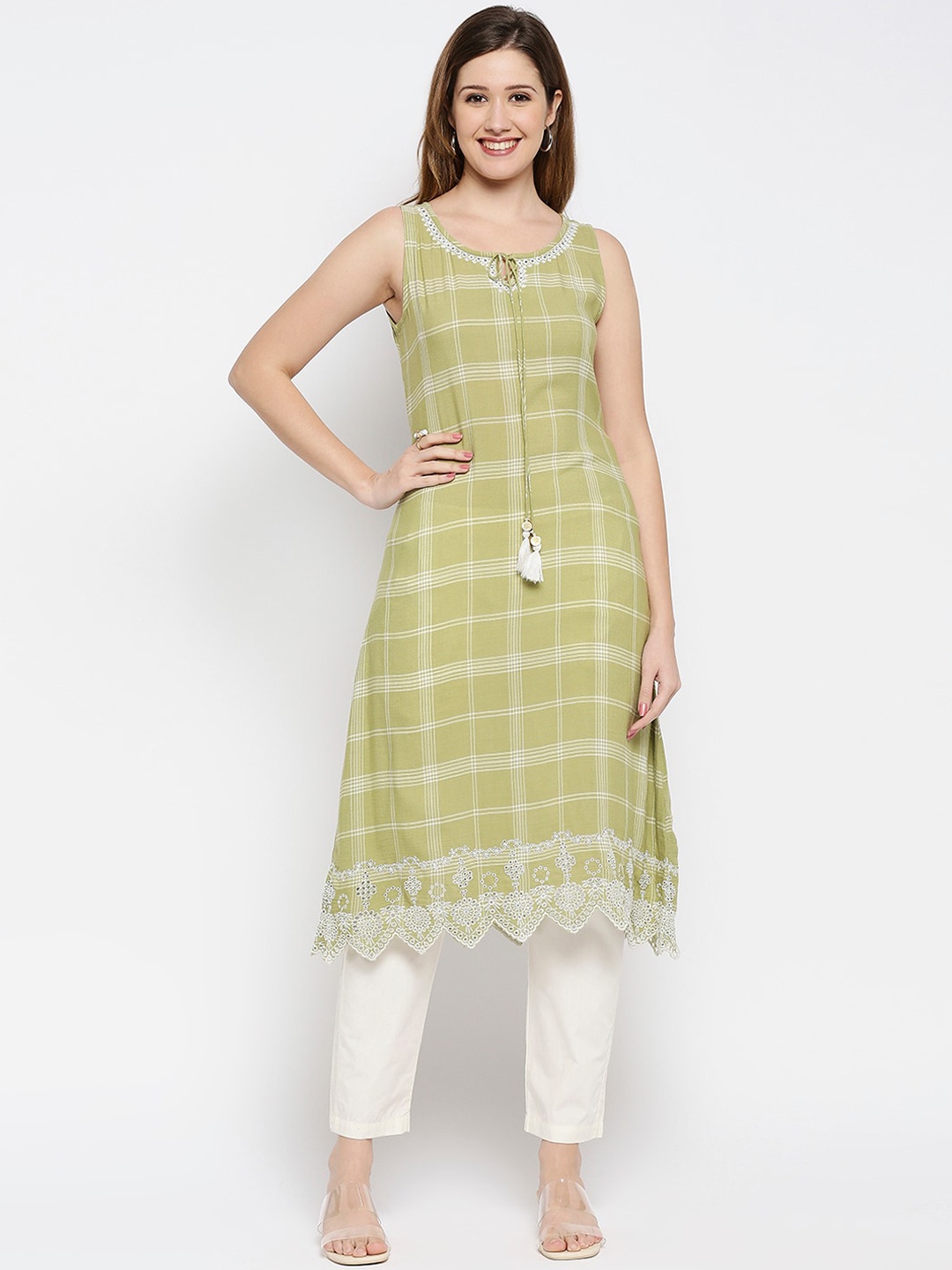

Ethnicity Women Green Checked Keyhole Neck Kurta