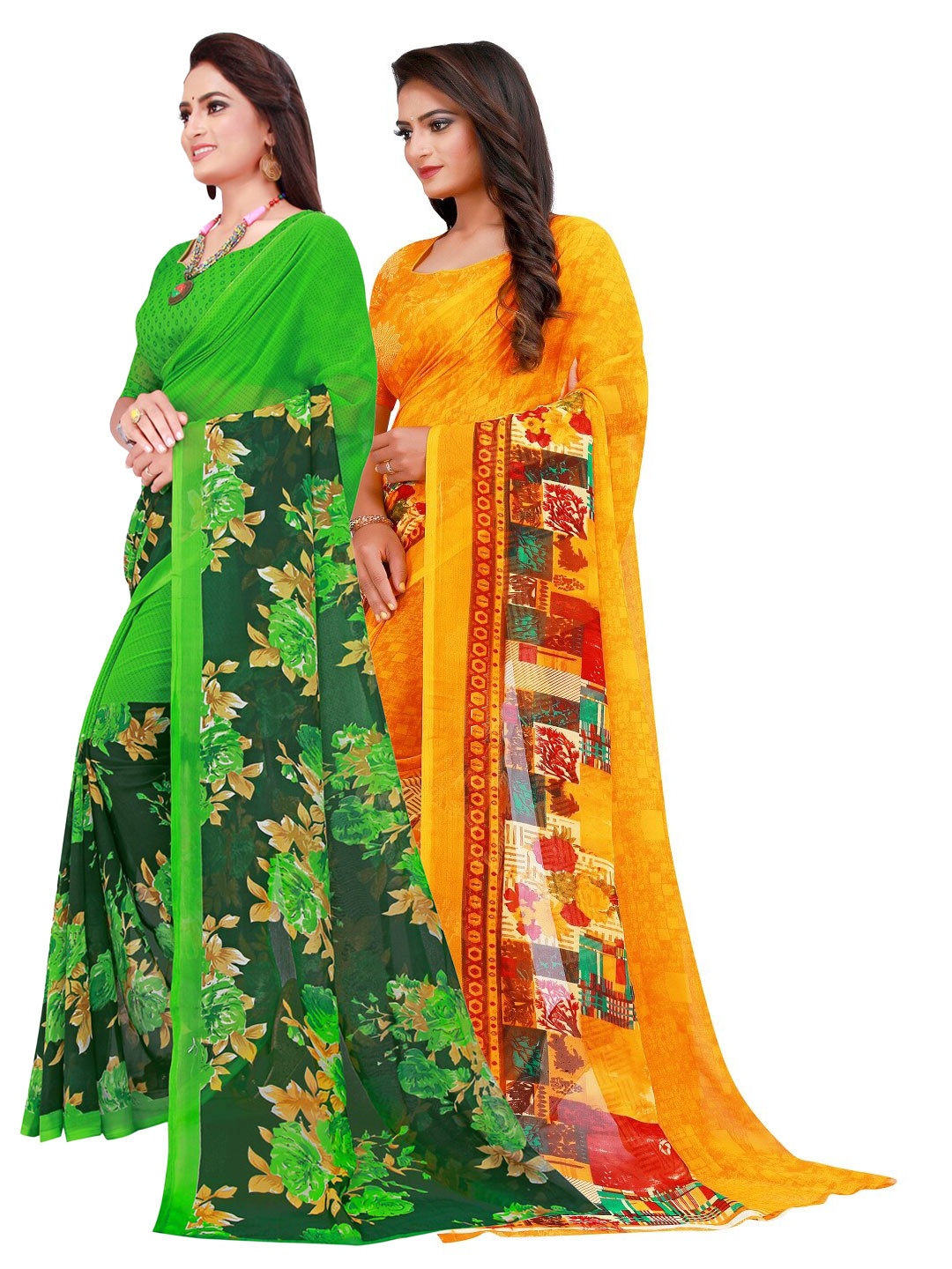 Florence Green & Yellow Pack of 2 Floral Pure Georgette Saree