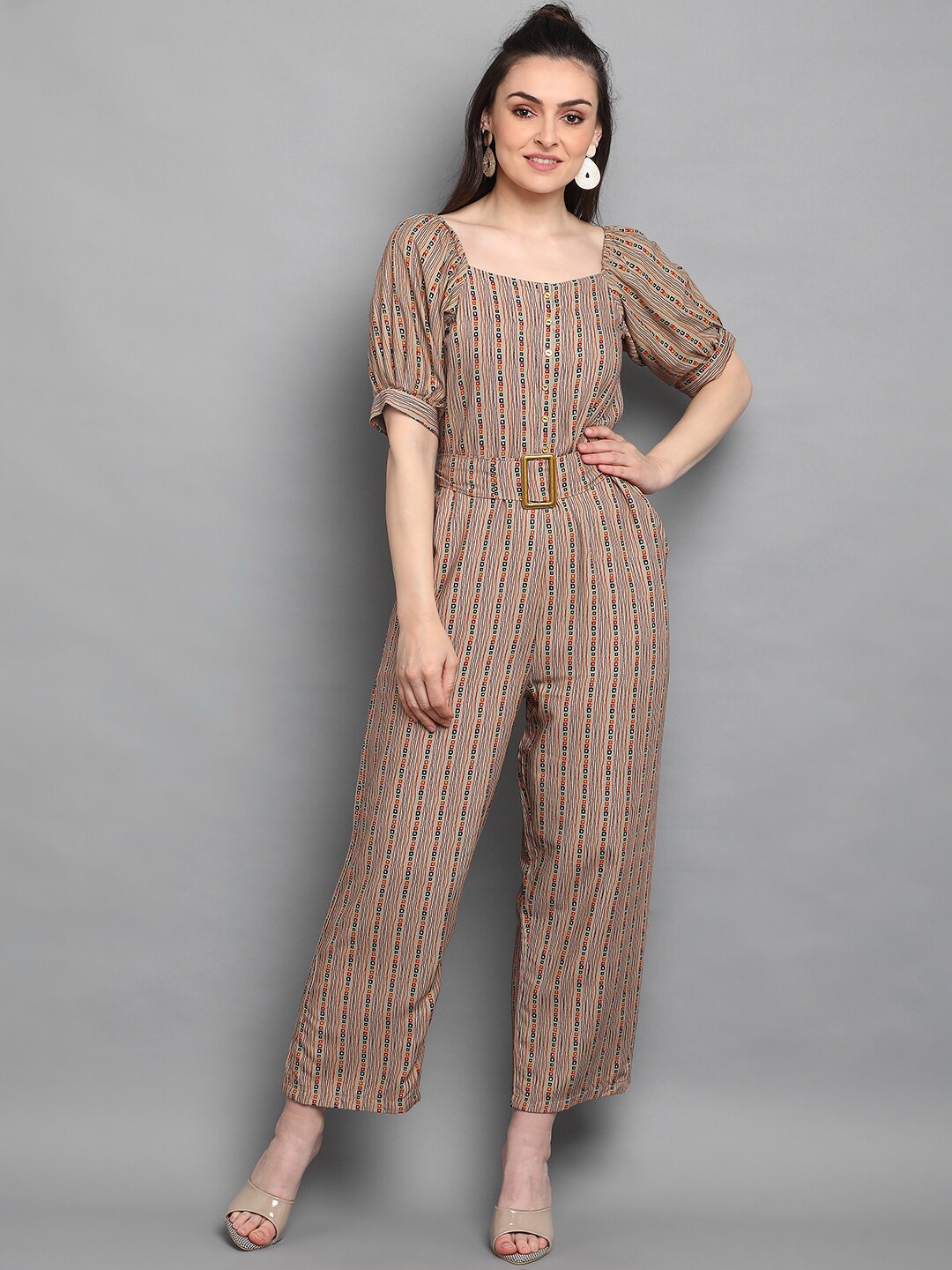 

J Turritopsis Women Beige & Red Printed Basic Jumpsuit with Applique