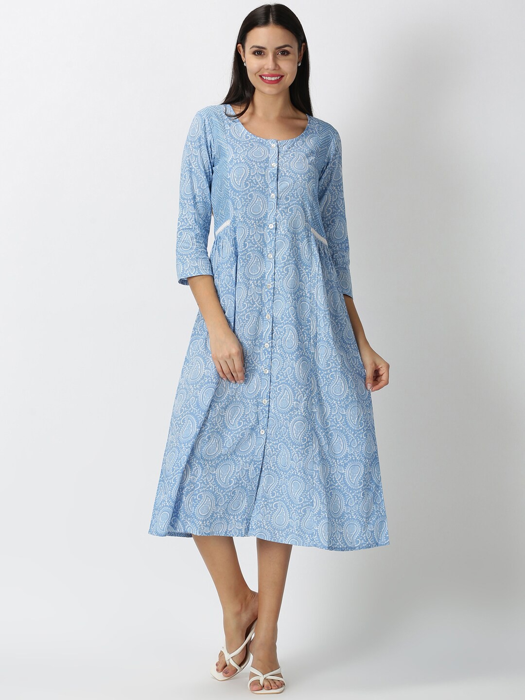 

Saffron Threads Blue Paisley Printed A-Line Midi Dress