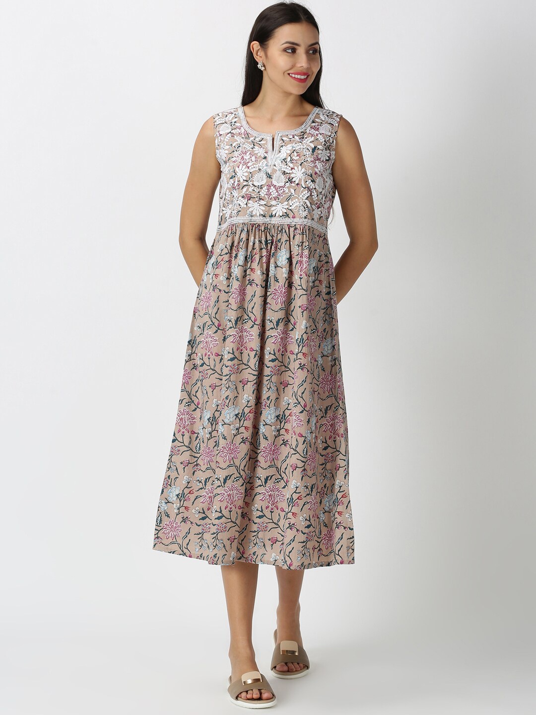 

Saffron Women Threads Peach-Coloured Floral Printed yoke Chikankari detail midi Dress