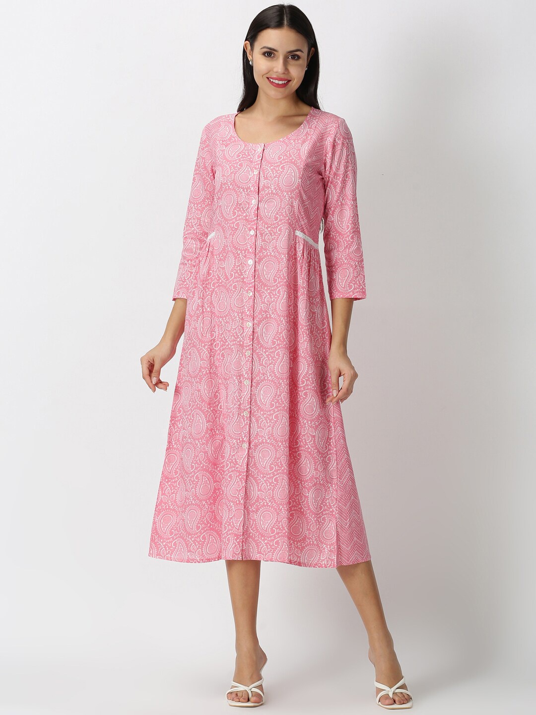 

Saffron Threads Pink Paisley Printed Panelled A-Line Midi Dress