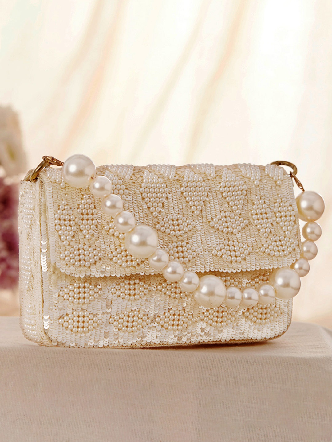 

Rubans Premium Off White Embellished Embroidered Box Clutch with Pearls Accents