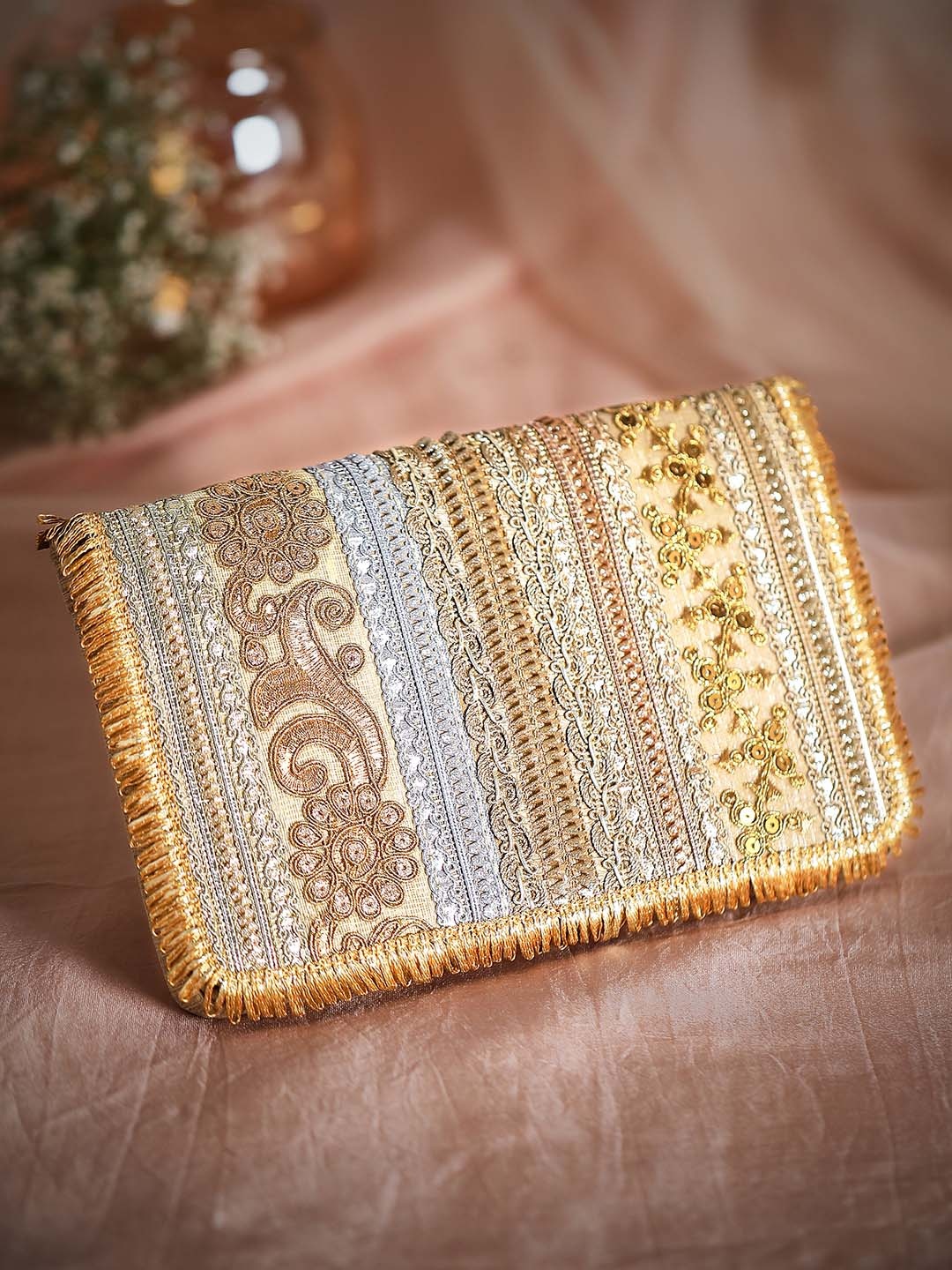 

Rubans Gold-Toned Embroidered Purse Clutch