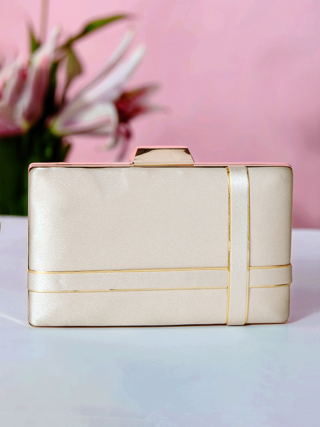 

Rubans Women Gold-Toned & Cream-Coloured Textured Box Clutch