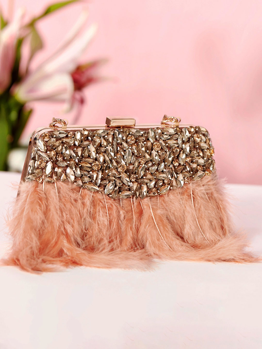 

Rubans Women Peach-Coloured & Copper-Toned Embellished Box Clutch