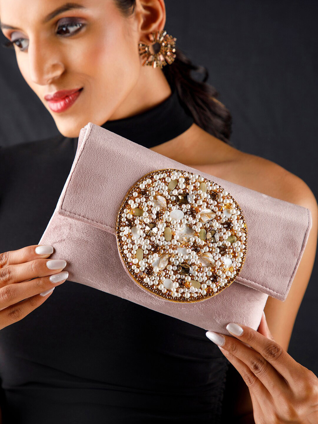 

Rubans Pink Embellished Stone Studded Envelope Clutch