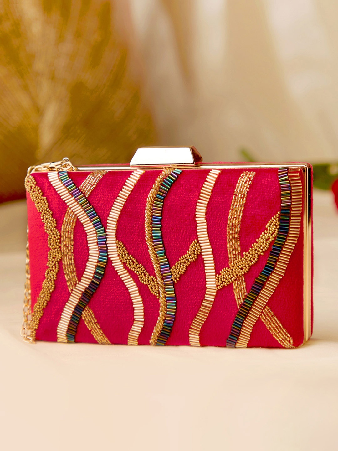 

Rubans Red & Gold-Toned Embroidered Box Clutch
