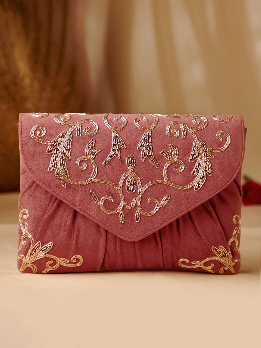 

Rubans Vintage-Inspired Pink Velvet Clutch with Gold Embroidered Floral Motif Chain Strap