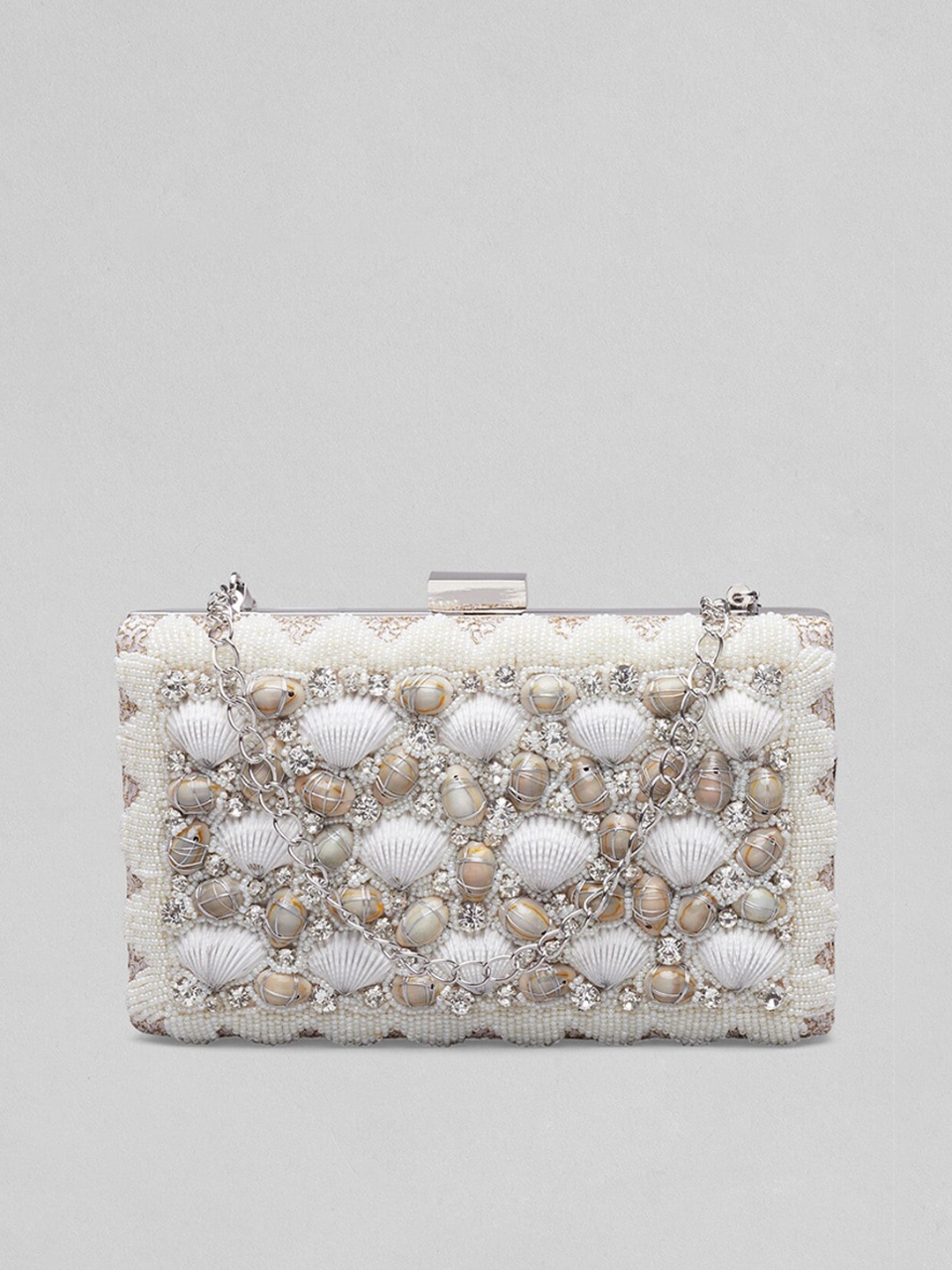 

Rubans Women White & Gold-Toned Embellished Box Clutch