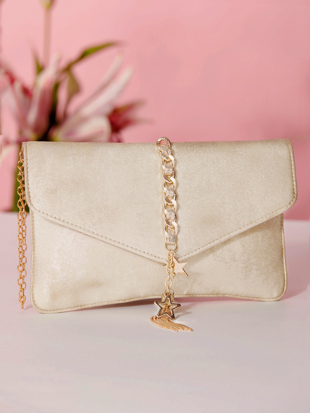 

Rubans Gold-Toned & Silver-Toned Printed Envelope Clutch