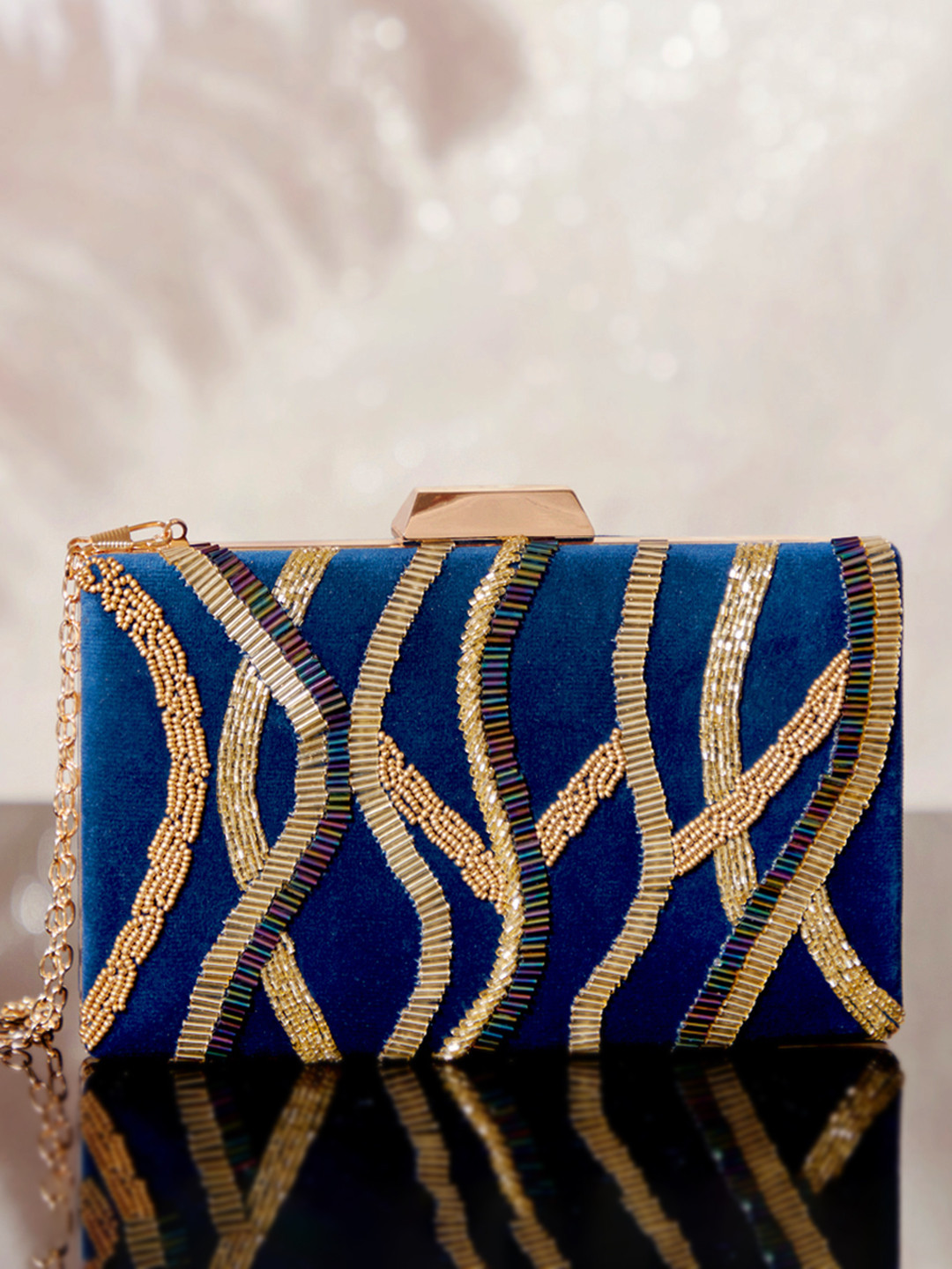 

Rubans Blue & Gold-Toned Embroidered Box Clutch