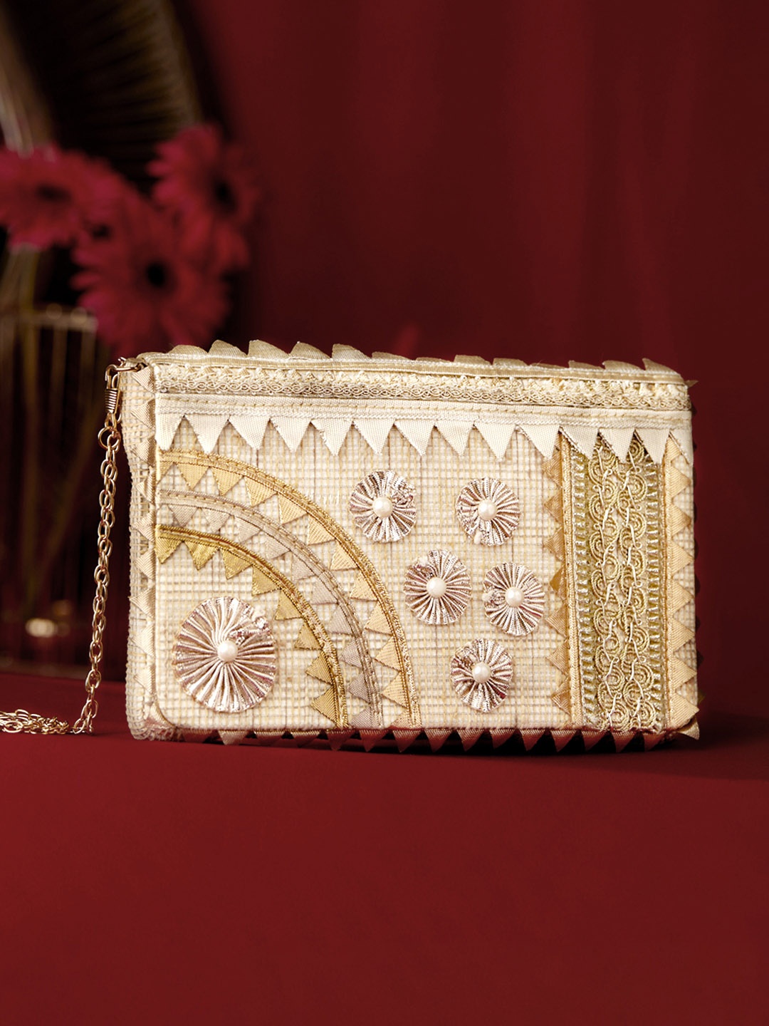 

Rubans Women Gold-Toned & White Embellished Box Clutch