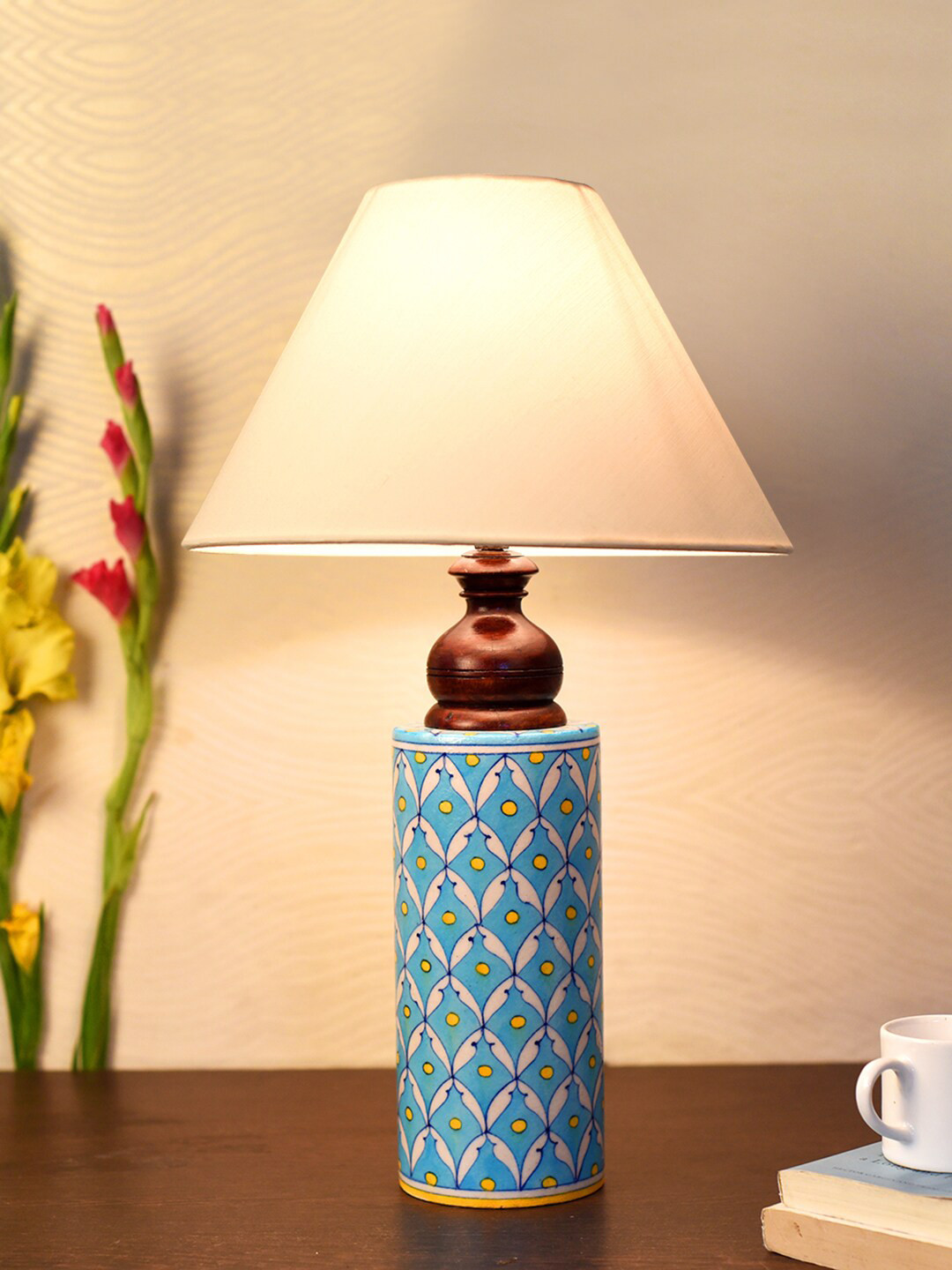 

Unravel India Blue & White Pottery Ceramic Cylindrical Lamp with Shade