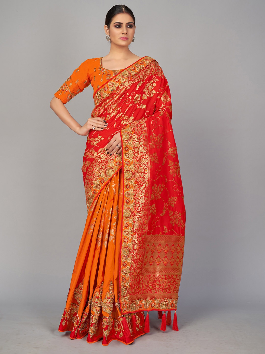 

MONJOLIKA FASHION Red & Gold-Toned Woven Design Zari Silk Blend Banarasi Saree