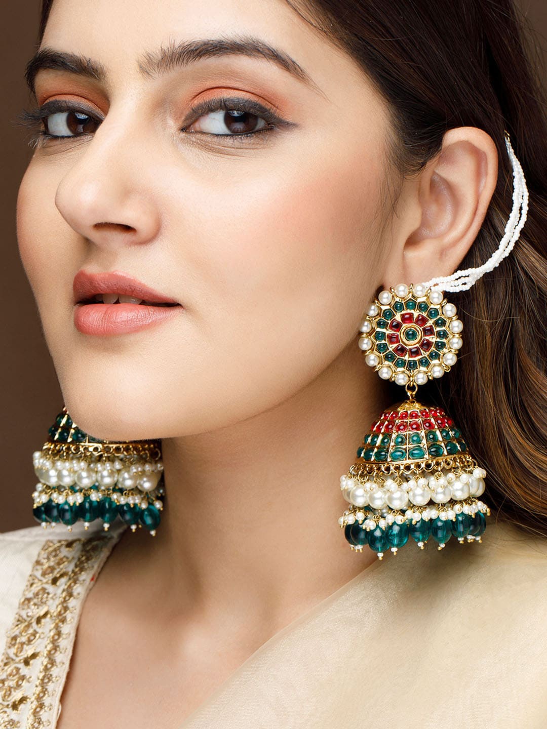 

Rubans Gold-Plated Kundan & Pearl Studded Jhumka Earrings with Green Beads & Chain Detai