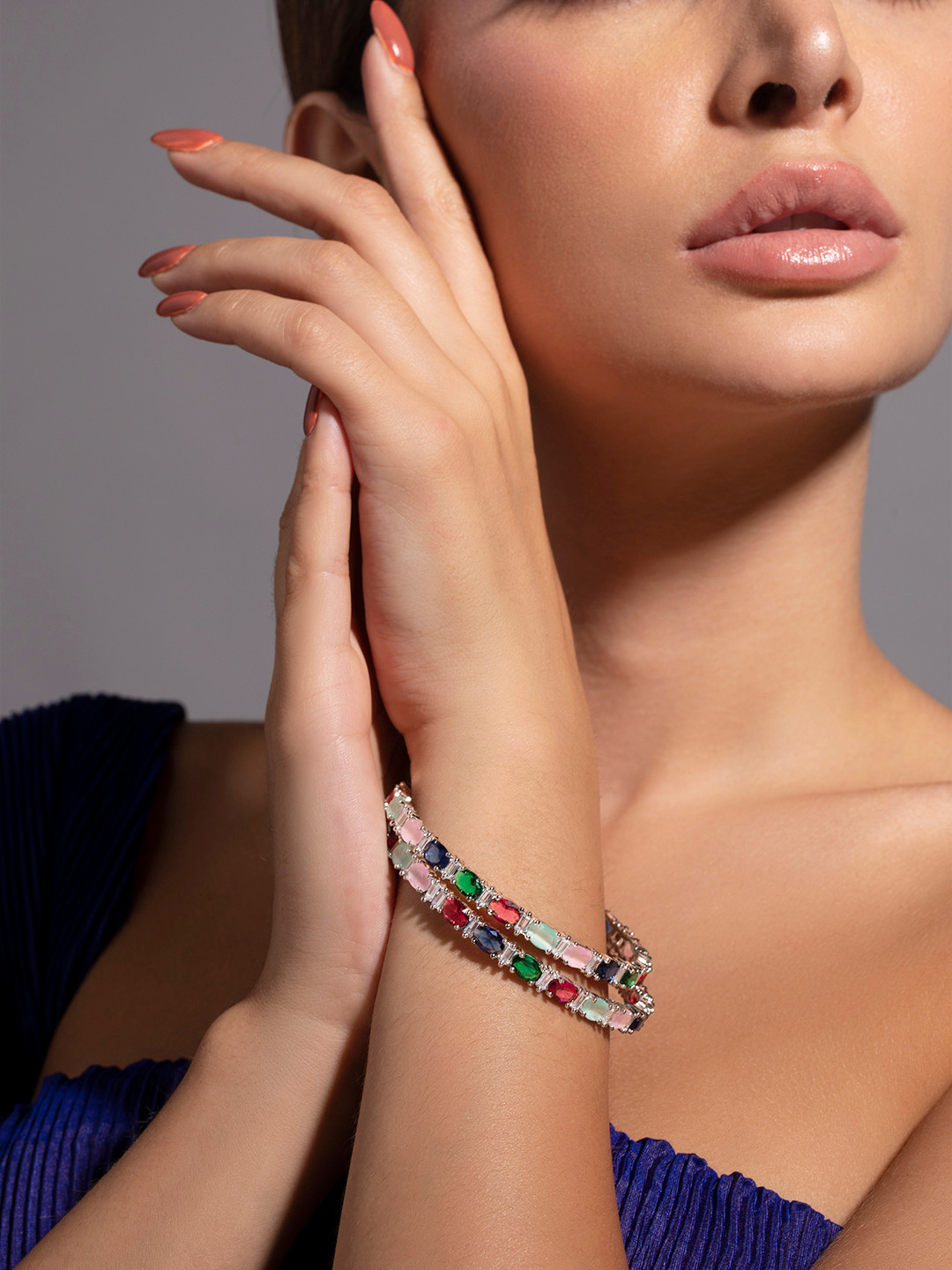 

Rubans Silver-Plated Multicolored AD-Studded Bangle