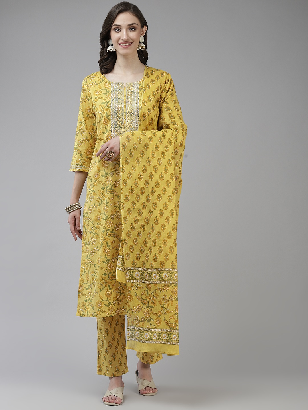 

Yufta Women Yellow Ethnic Motifs Printed Gotta Patti Cotton Kurta with Palazzos & Dupatta