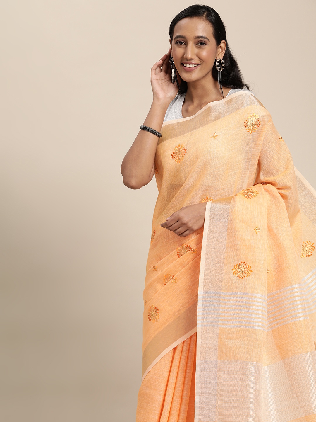 

SANGAM PRINTS Peach-Coloured Floral Embroidered Saree