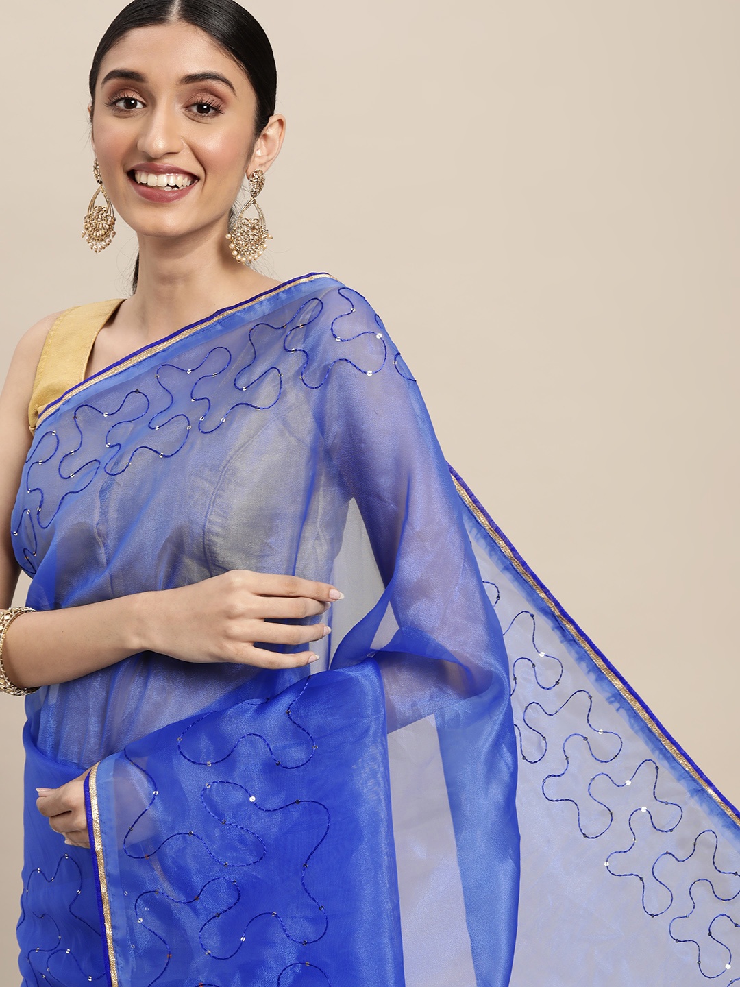 

VASTRANAND Blue Embroidered Jaali Organza Saree