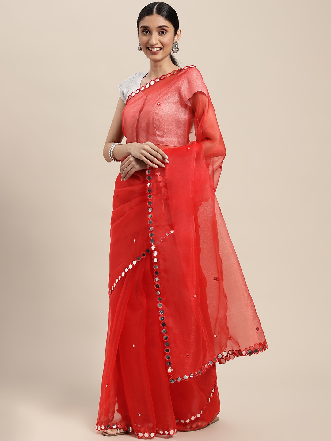 

VASTRANAND Red Solid Mirror Work Organza Saree