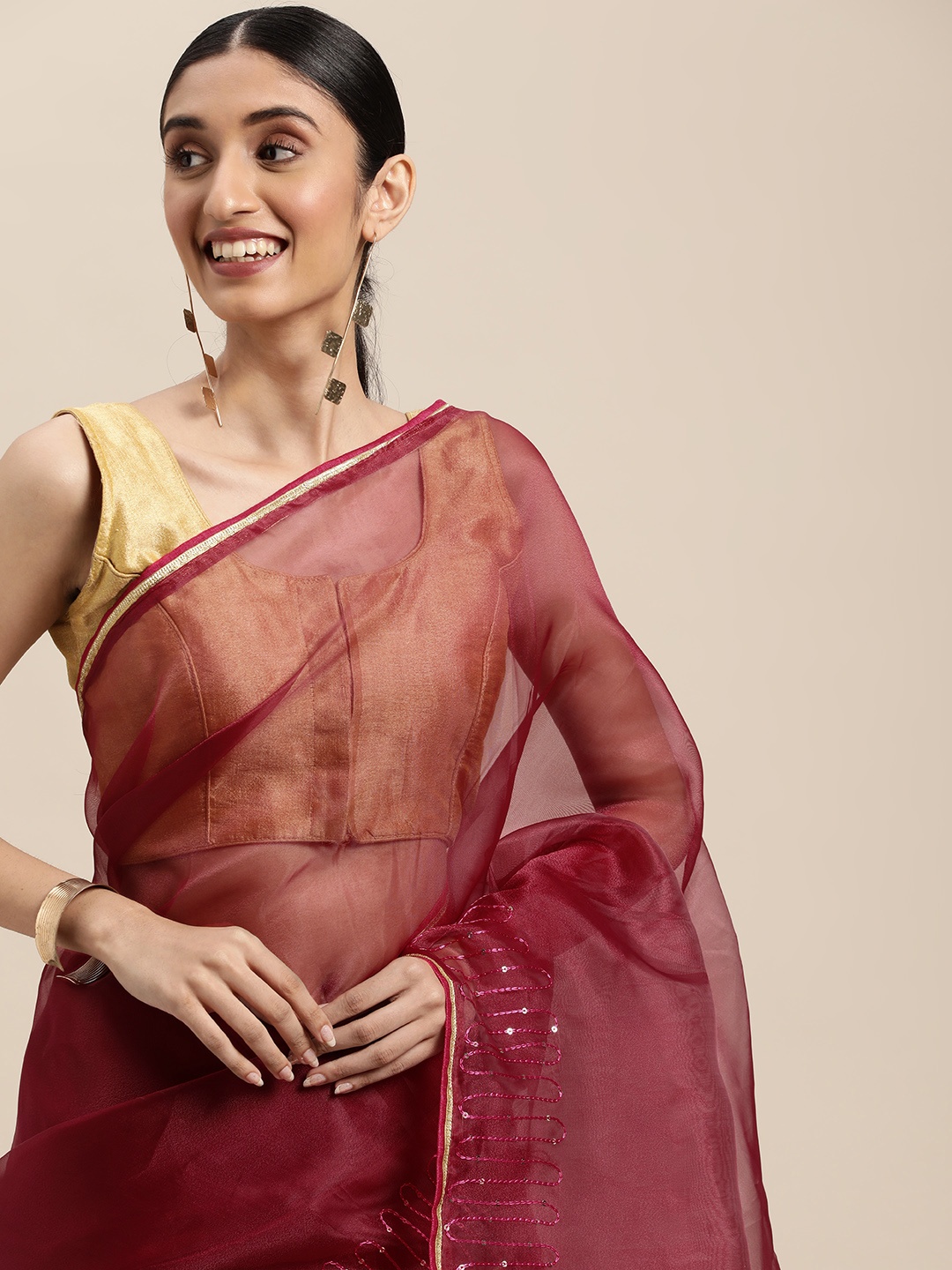 

VASTRANAND Burgundy Embroidered Jaali Organza Saree