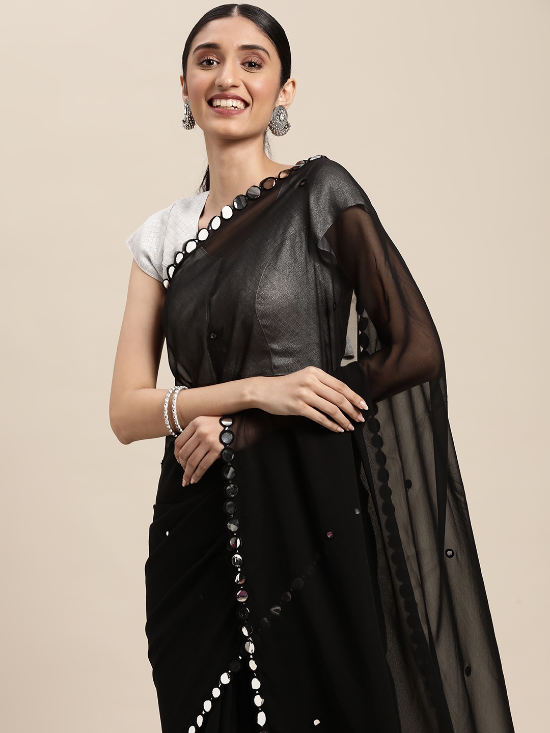 

VASTRANAND Black Solid Mirror Work Embroidered Organza Saree