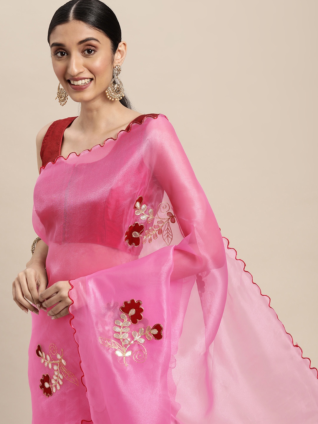 

VASTRANAND Pink & Red Floral Embroidered Aari Work Organza Saree