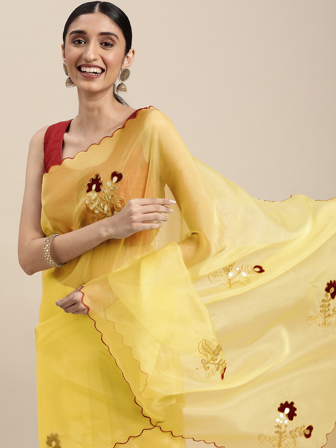 

VASTRANAND Yellow & Maroon Floral Embroidered Aari Work Organza Saree