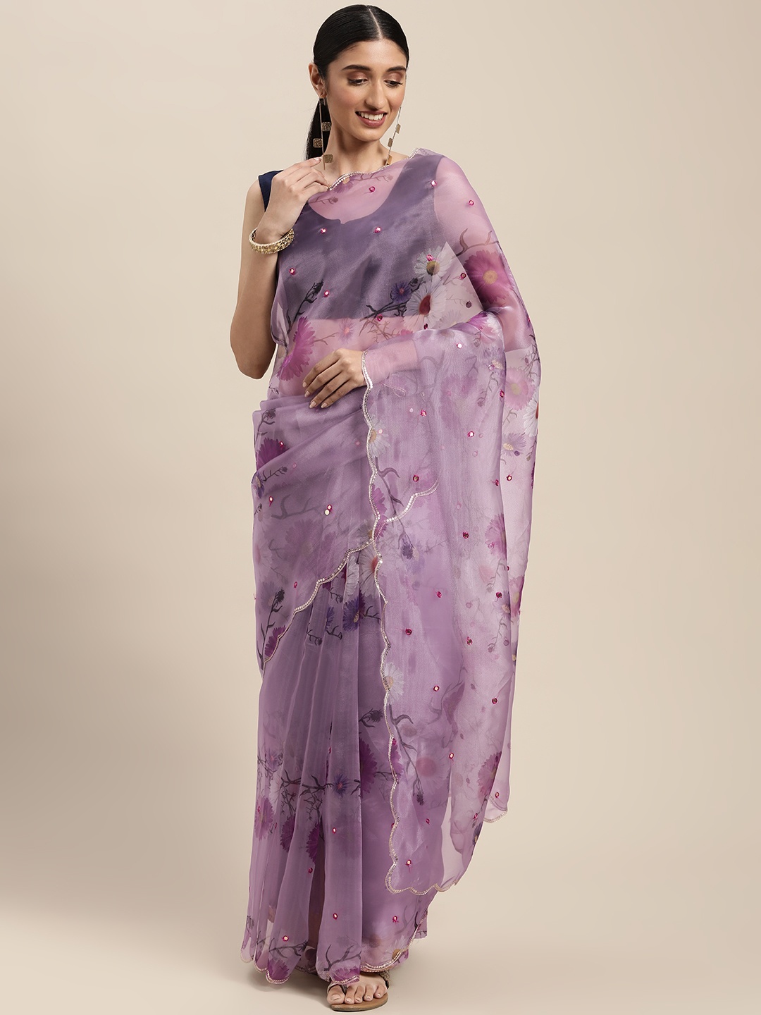 

VASTRANAND Lavender & Pink Floral Embroidered Organza Saree