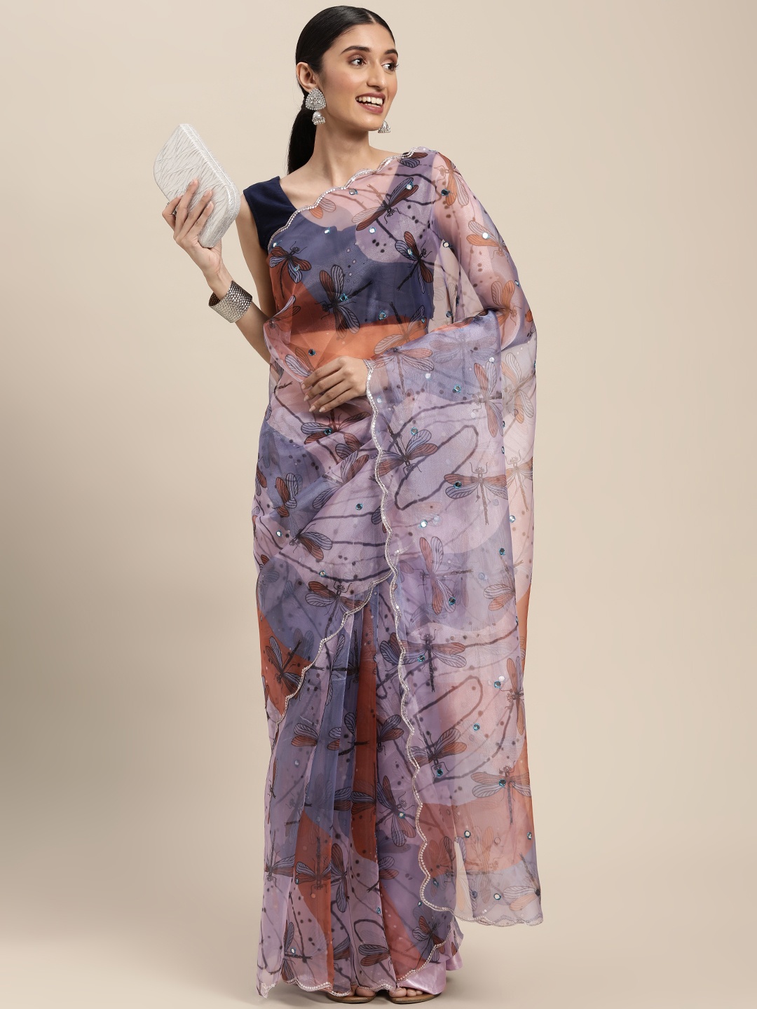 

VASTRANAND Blue & Brown Printed Aari Work Organza Saree
