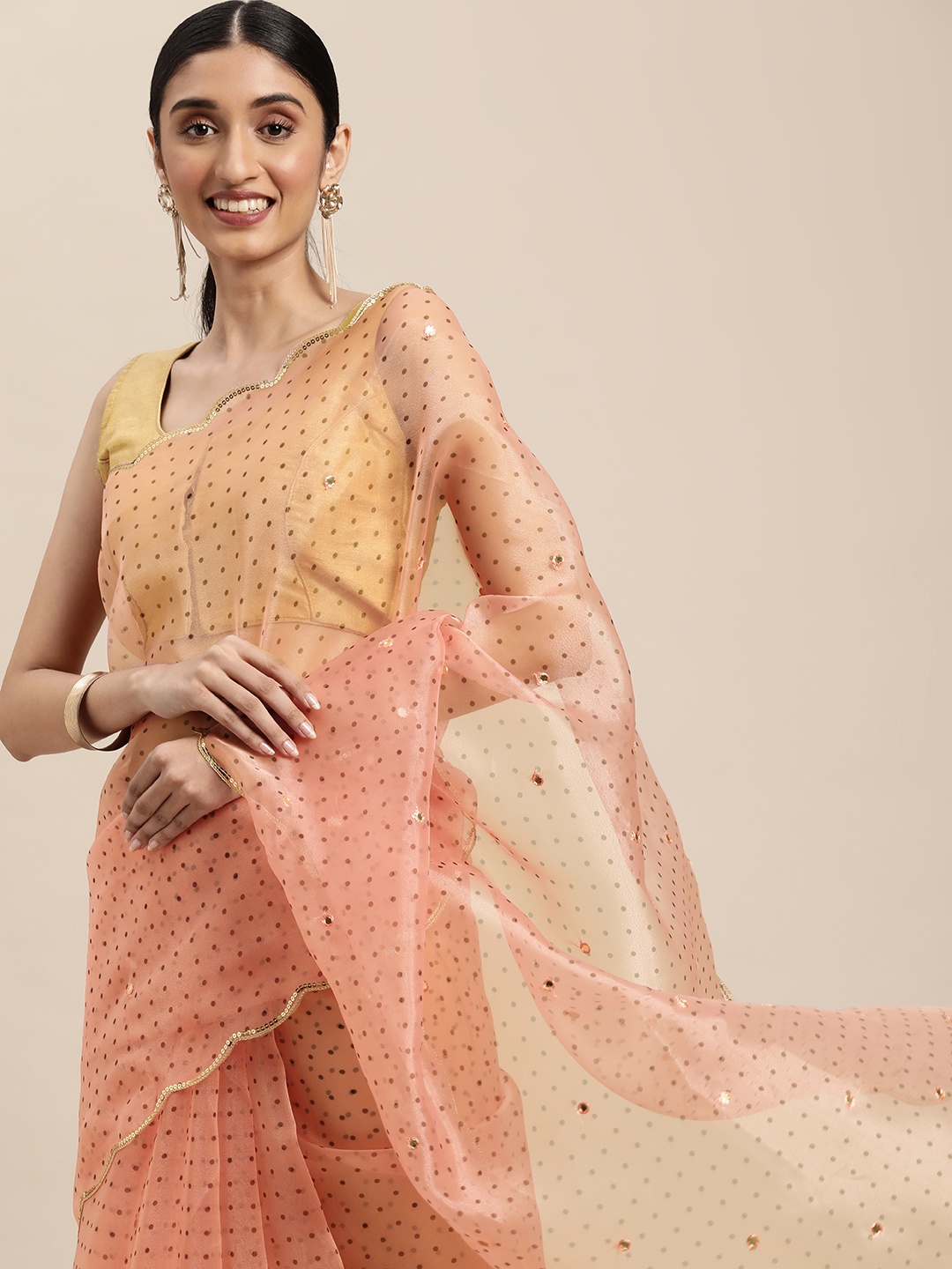 

VASTRANAND Peach-Coloured & Brown Geometric Printed Aari Work Organza Saree