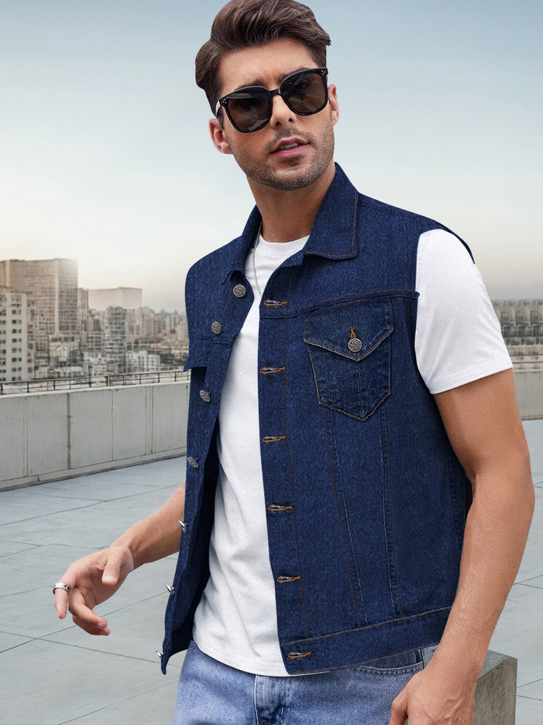 

Urbano Fashion Men Regular Fit Washed Sleeveless Denim Jacket, Blue