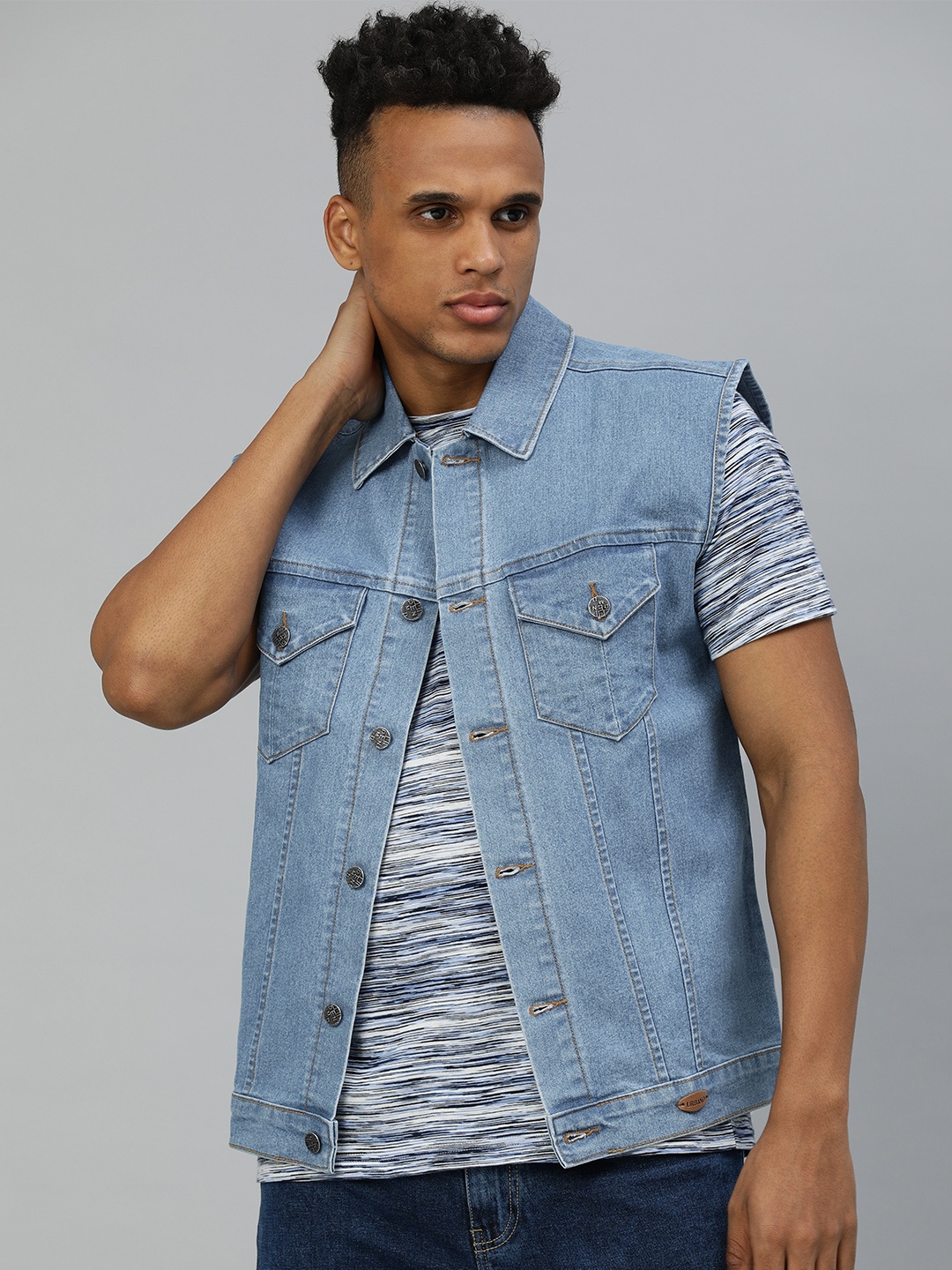 

Urbano Fashion Men Regular Fit Washed Sleeveless Denim Jacket, Blue