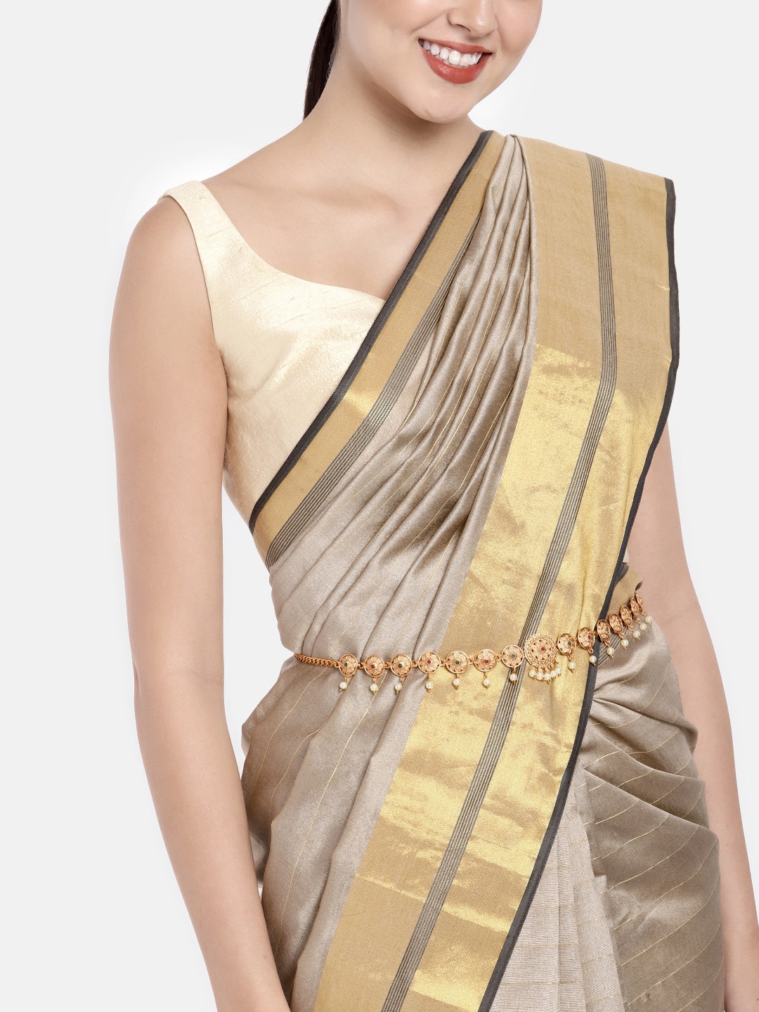 

Kord Store Women Gold-Plated & Green Artificial Ruby-Studded Pearl Kamarbandh
