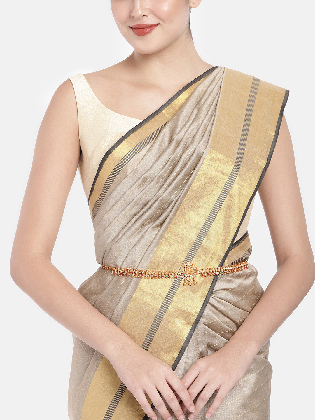 

Kord Store Women Gold-Plated & Green Artificial Ruby-Studded Kamarbandh