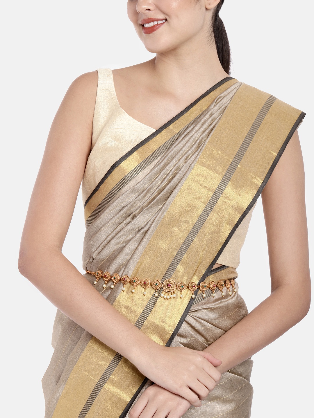 

Kord Store Women Gold-Plated & Green Artificial Ruby-Studded Pearl Kamarbandh