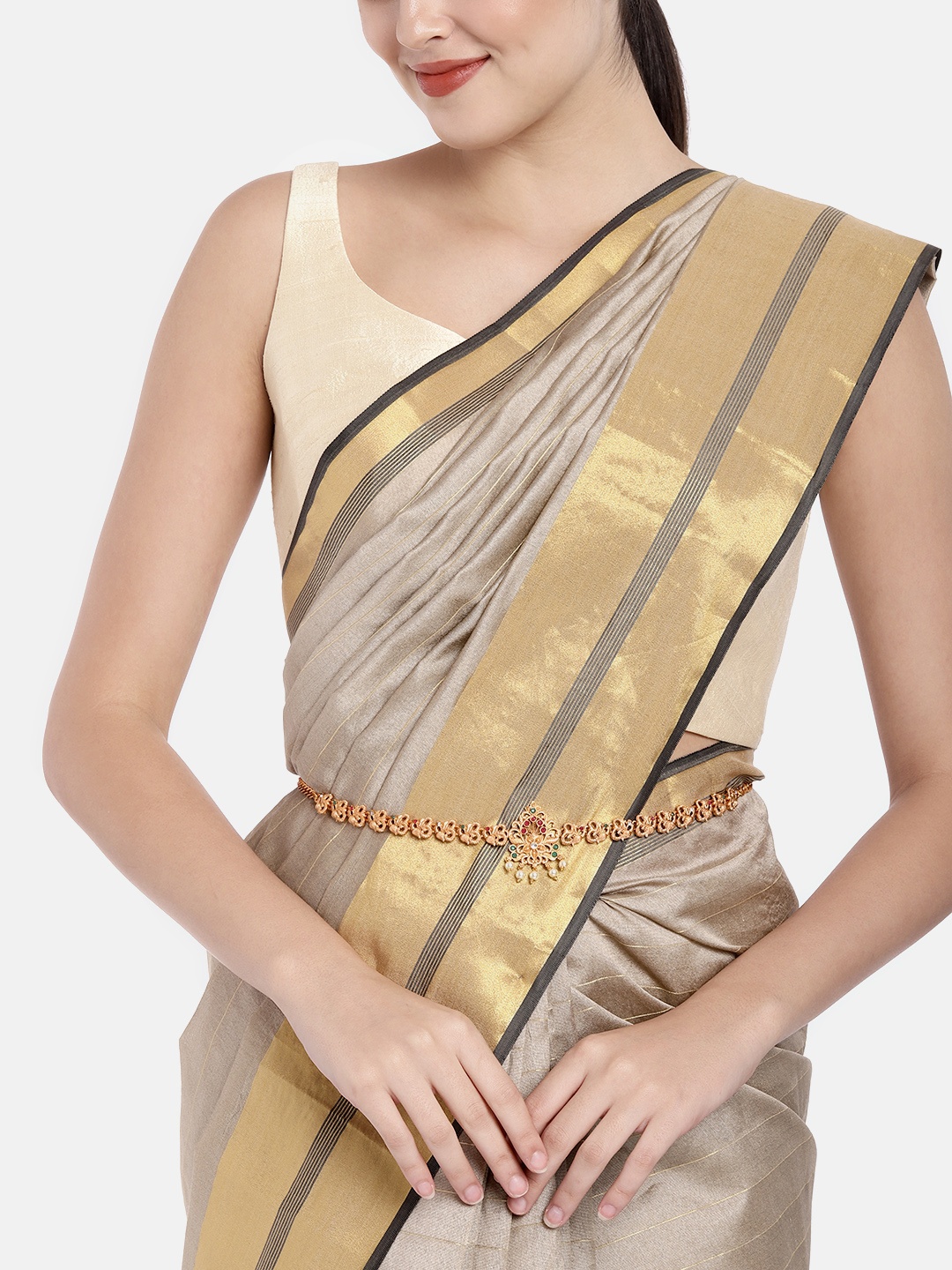 Kord Store Women Gold-Plated & Green Artificial Ruby-Studded Pearl Kamarbandh