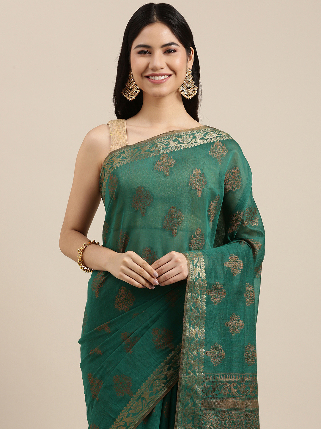 

SANGAM PRINTS Green & Golden Ethnic Motifs Woven Design Saree
