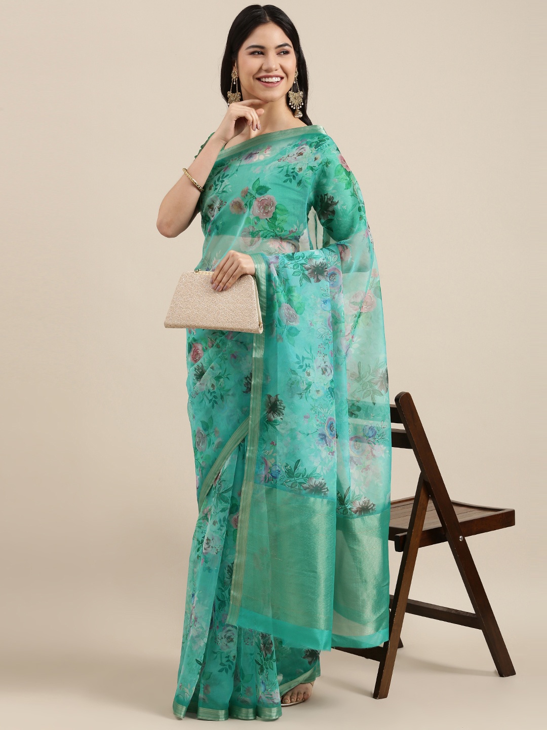 

SANGAM PRINTS Green & Pink Floral Woven Design Saree