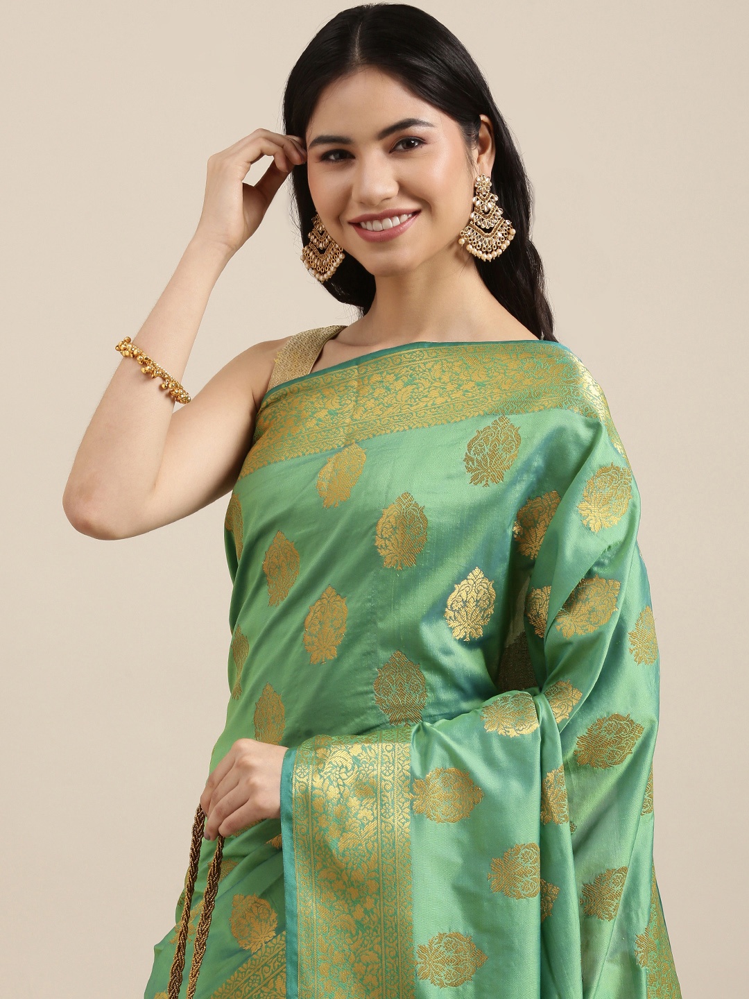 

SANGAM PRINTS Green & Golden Ethnic Motifs Woven Design Saree