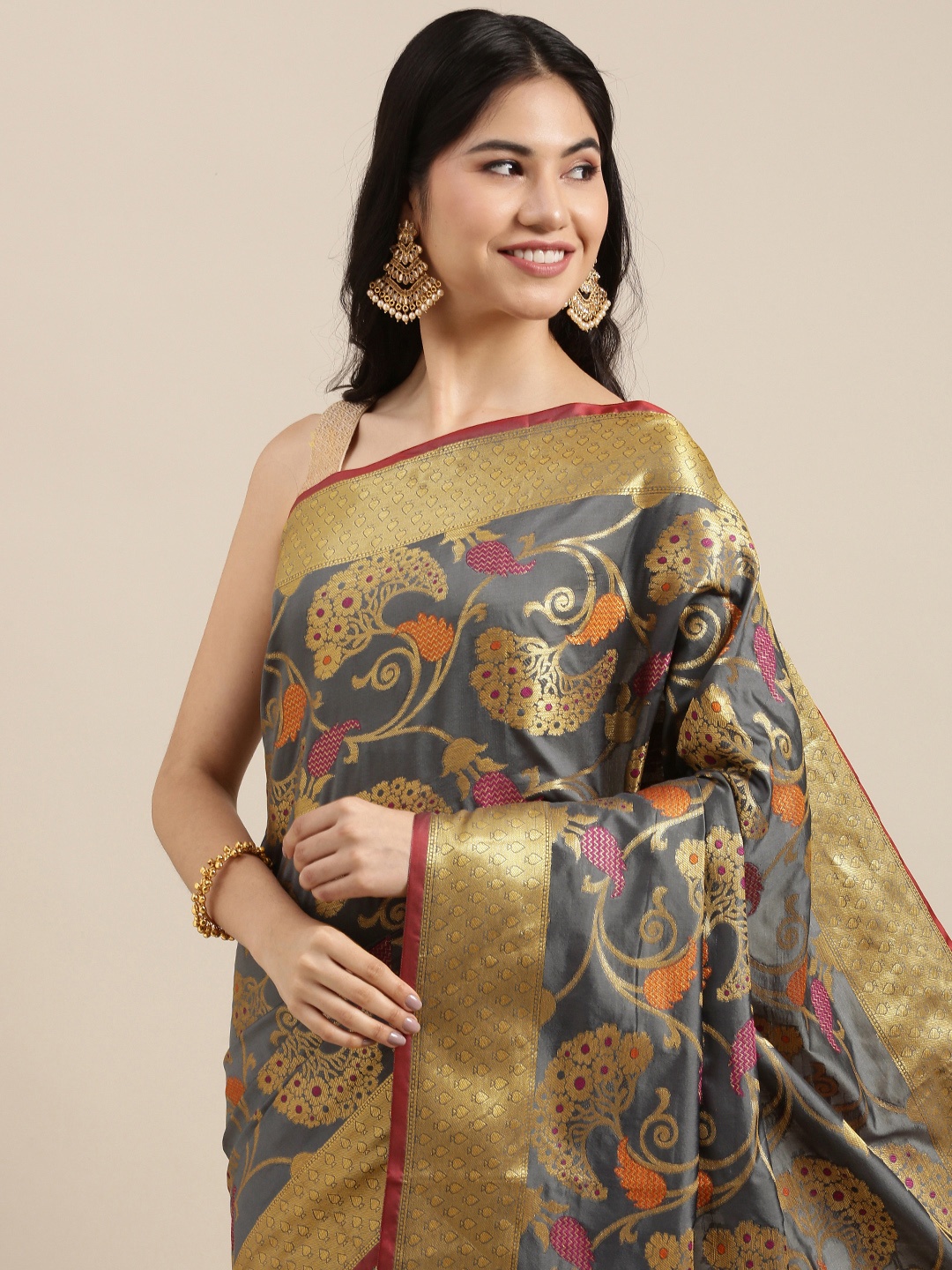 

SANGAM PRINTS Grey Floral Woven Design Saree, Blue