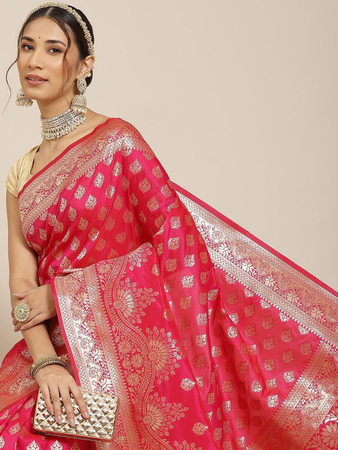 

Warthy Ent Pink Ethnic Motifs Zari Silk Blend Kanjeevaram Saree