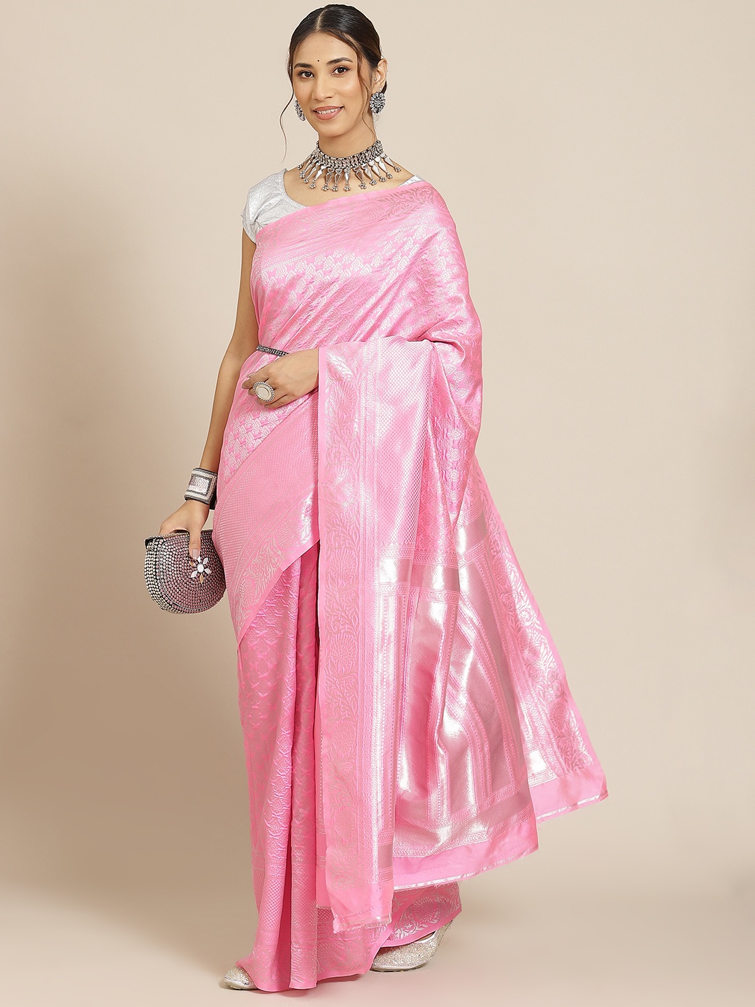 

Warthy Ent Pink Ethnic Motifs Zari Silk Blend Kanjeevaram Saree