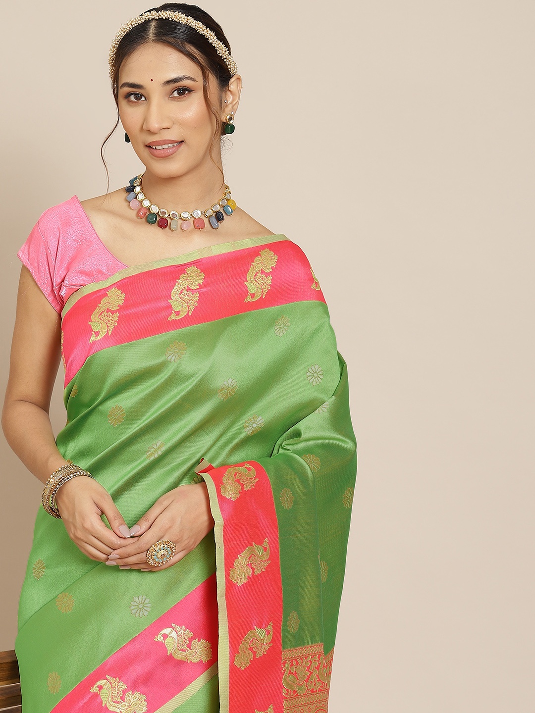 

Warthy Ent Pink & Green Ethnic Motifs Zari Silk Blend Kanjeevaram Saree