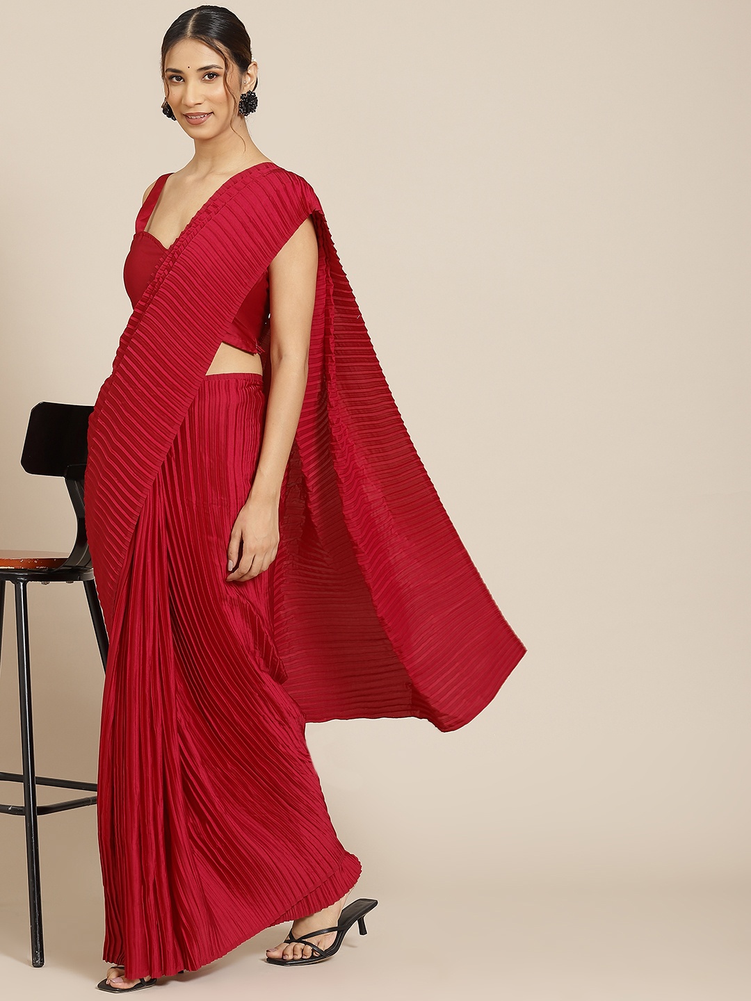 

Warthy Ent Maroon Solid Accordion Pleated Satin Mysore Silk Saree