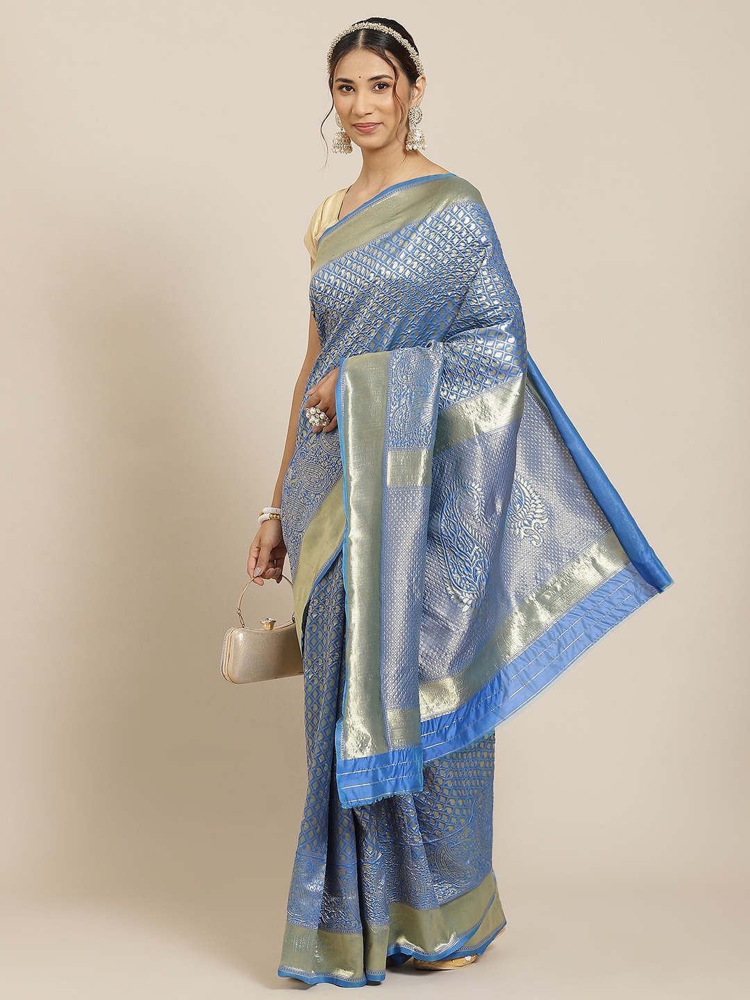 

Warthy Ent Blue Ethnic Motifs Zari Silk Blend Kanjeevaram Saree